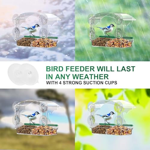 Clear Acrylic Window Bird Feeder for Outside with 4 Strong Suction Cups and Detachable Seed Tray, Highly Transparent Outdoor Viewing Birdfeeder, Wild Bird House Box