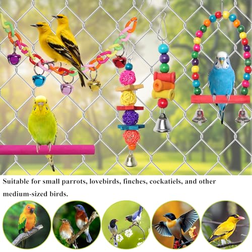 Bird Toys for Conures with Colorful Hammock Bird Cage Accessories Wooden Perch Stand Hanging Bell Birds Chewing Toys for Parrot Parakeet Budgerigar Cockatiel Lovebirds