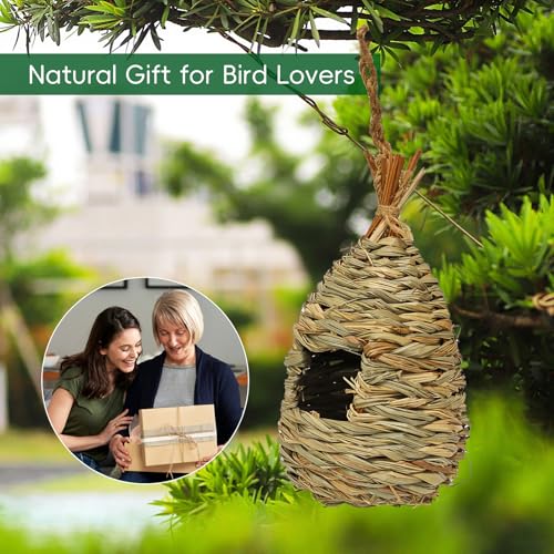 GUTE Hummingbird Houses 2Pcs Hand Woven Grass Hanging Bird Nest | Natural Hibiscus Grass,Hand-Knitted,Sturdy Shelter,Ventilated Cozy Design,Blends in Trees,Easy to Hang,Garden,Window. - color: Water Drop Shape, size: 2Pack