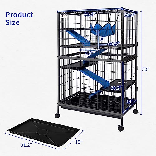Polar Aurora Metal Small Animal Cage 5 Tiers Homes for Pets Removable Ferret Cage with Lockable Wheels, 50" H Deluxe Chinchilla Cage with Hammock and Removable Tray - size: Large