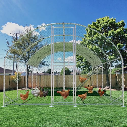 Large Metal Chicken Coop Runs for Yard with Cover, 10x26x6.5 | Perch Bars, Split Doors, Waterproof Covers, Mesh Wire - color: Round Top, size: 315.0"L x 118.1"W x 78.7"H