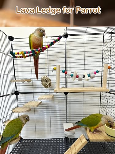 Bird Ledges Wood Sets, Parakeet Wooden Stand Platform with Lava Ledge Blocks Chew Toys Bird Cage Cage Accessories for Finches Canaries Cockatiels Parrot