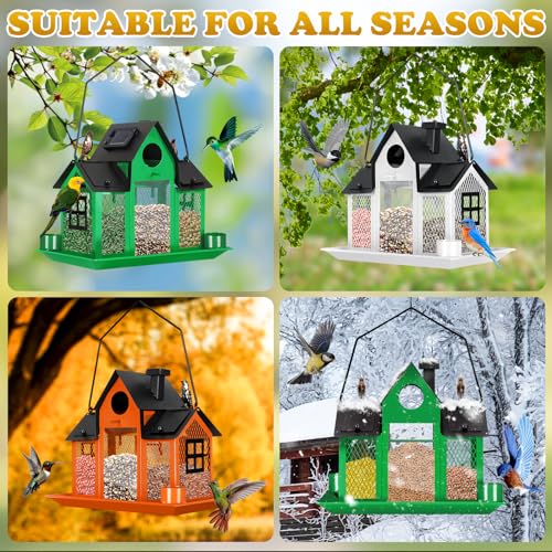 Solar Bird Feeders House Outside Hanging Metal Wild Bird Feeder Outdoors Large Cardinal Bird Feeder Birdhouses Squirrel Proof White - color: White