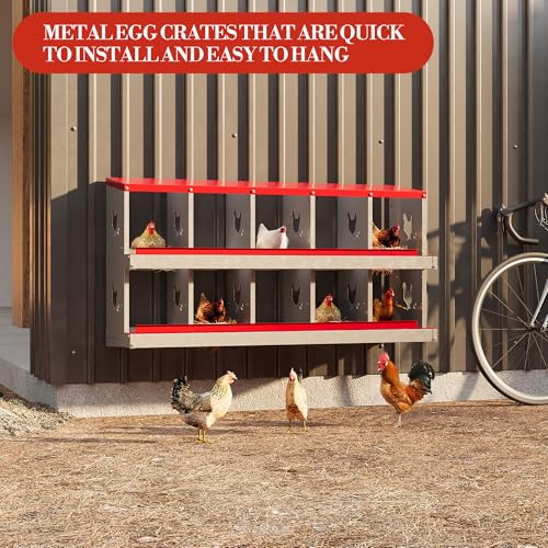Galvanized Steel Chicken Nesting Box 10 Grids, Metal Egg Laying Boxes for Hens with Hinged Lid and Ventilated Design, Easy Clean Poultry Nest Box for Chicken Coop Accessories, Red, No Legs - color: Red, size: 10 Holes no Legs