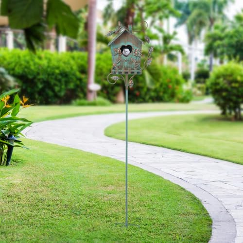 DREAMSOUL 48" Rustic Bird House Pole, Green Birdhouse for Patio | Metal Bird Houses for Outside Garden Yard Accent, Weatherproof Finish, Ornamental Aviary Style - style: Rustic