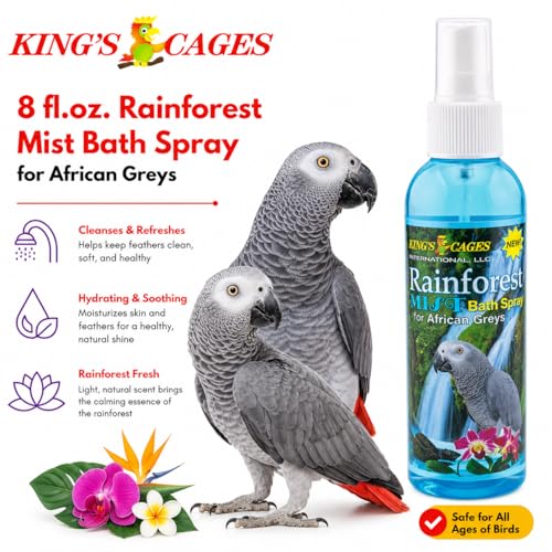 King's Cages Rainforest Mist Spray African Grey 8 oz. Feather Conditioning Spray with Baby Powder Scent for Medium Bird Breeds Skin Relief and Plumage Care - size: Pack of 1