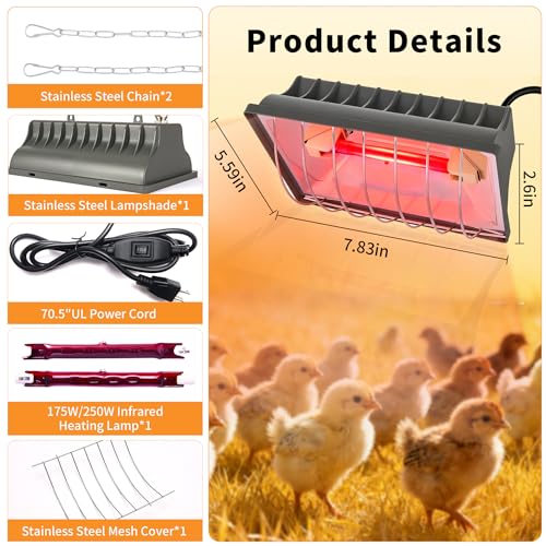 250W Chicken Coop Heat Lamp with Guard & Adjustable Temp | Adjustable 175W/250W infrared heater with safety guard. For chicks, poultry, livestock & small pets. Durable brooder heating. - size: 1 Pack