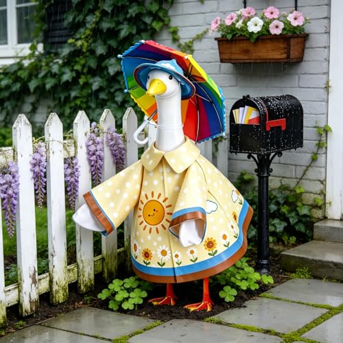 3 Pcs Raincoat Summer Porch Goose Outfits Fits 23” Goose Statue Decoration | Cute Costume for Outdoor Garden Lawn Yard Decor with Raincoats Umbrella Hat Outfit - color: Sun and White Clouds