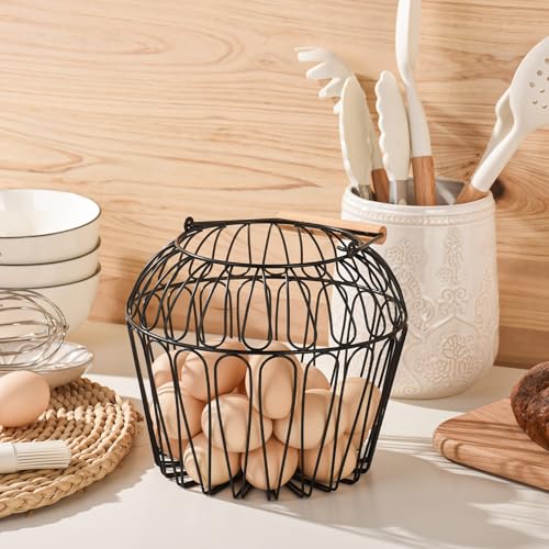 Farmhouse Egg Baskets for Gathering Fresh Egg With Handle, Round Metal Chicken Basket Collecting Fresh Egg Holder for Countertop Kitchen