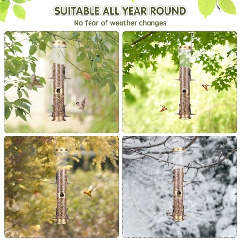 Metal Bird Feeder Tube Hanging Wild Bird Seed Feeder Aluminum Six Port Bird Feeders,1.4 mm Extra Thick Solid Tube Transparent with Steel Hanger Great for Attracting Birds (Bronze 2PK) - color: Bronze 2PK