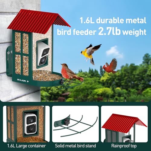 SOLIOM Smart Bird Feeder with Camera for Outdoors, Durable Metal Solar AI Birdhouse, 2K Live View & Instant Alerts, Squirrel-Proof – Complete Bird Watching Gift Set(Red) - color: Red Medium Set