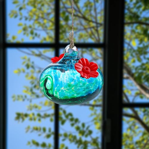 Glass Bird Feeder with Flower Decoration – Hanging Outdoor Bird Feeder for Garden, Patio,Backyard(Green) - color: Green
