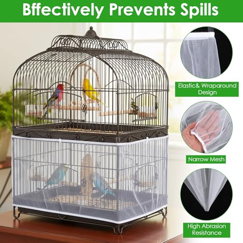 Bird Cage Seed Catcher, Mesh Net Cover Guard Soft Airy Cage Net Stretchy Skirt for Parrot Enclosures Round Square Cages(White