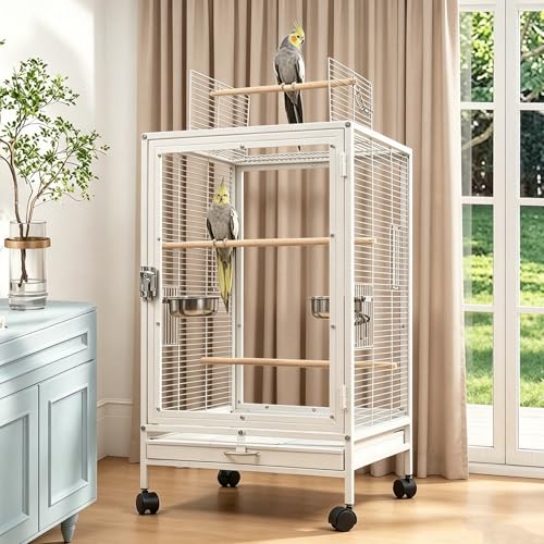 xixi-home Portable Clear Parrot Cage,Bird Travel Cage Ornamental Cage -with Food Box,Standing Pole and Drinker,Large Bird cage Flying Birdcage for Outdoors (Type C - White) - color: White - C