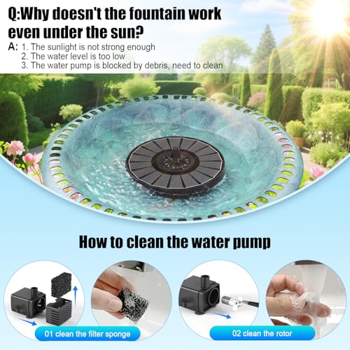 Solar Fountain Work On Cloudy Day,Solar Water Bird Bath Fountain with Faster Conversion Glass Solar Panel and Power Indicator,Built-in 2000mAh Battery,Outdoor Garden Decor(Black Panel)