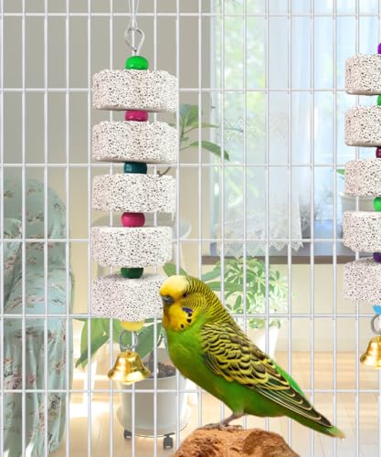 2Pcs Bird Beak Grinding Stone, Mineral Block for Birds, Chewing Toy | Easy Hanging African Grey Toys with Bells, Lava Block Calcium Supplement Food for S/M Birds Cockatiel Hamster Chinchilla