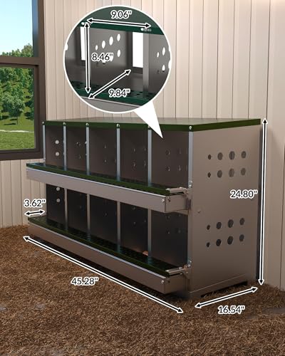 Chicken Nesting Box for Laying Eggs, 10-Compartment Galvanized Steel Nesting Boxes for Hens, Front Access Egg Tray, Easy Wall Mount Design, Includes 10 Training Eggs - color: Green