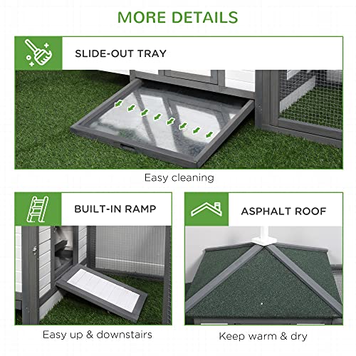 PawHut 77" Wooden Chicken Coop with Nesting Box, Cute Outdoor Hen House with Removable Tray, Ramp Run, for Garden Backyard, Gray | Cute Design, Removable Tray, Ramp Run, for Garden Backyard - color: Gray