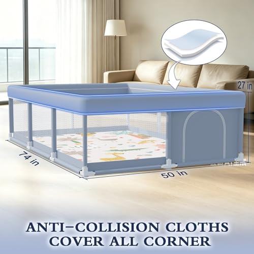 XVISHX 74 x 50 Inch Baby Playpen with Mat, Playpen for Babies and Toddlers, Baby Playard for Indoor & Outdoor Active Center Game Fence, with Skin-Friendly Fabric and Soft Breathable Mesh, Grey - size: 74 × 50 Inch With MAT