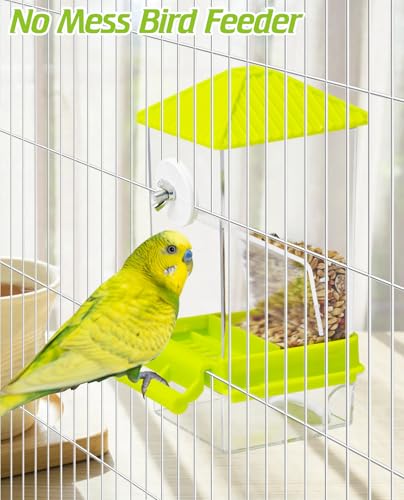 BNOSDM No Mess Automatic Bird Feeder Anti-Splash Bird Feeder Acrylic Transparent Food Container Parrot Cage Accessories for Parakeets Budgies Lovebirds Cockatoos Conures Finches (Green)