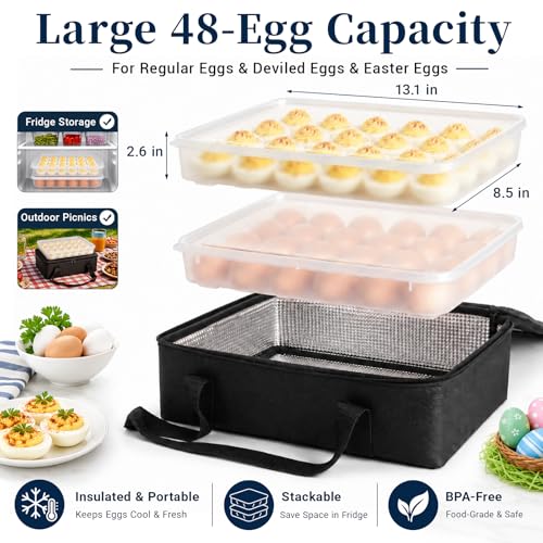 Deviled Egg Containers with Lid, Set of 2 Plastic Egg Holder for Refrigerator Holds 48 Eggs, Clear Stackable Deviled Egg Carrier Tray with Portable Insulated Bag for Party, Picnic, Fridge Storage - color: White, size: 48 Eggs