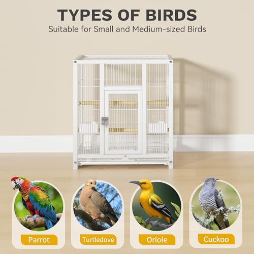 DWVO 41-inch Metal Bird Cage: Large Parrot Cages with Rolling Stand - Features Tray, Food Boxes & Wooden Perches for Parakeets, Lovebirds, Cockatiels, Finches and Pigeons, White - color: White, size: 19.0"L x 18.1"W x 40.5"H