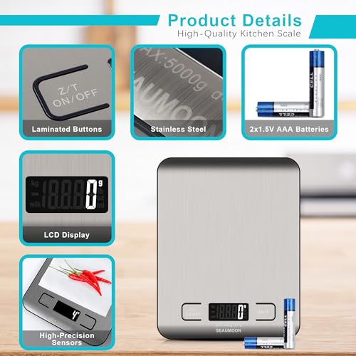Food Scale Kitchen-Scale 11lb/5kg Food Scale for Kitchen Stainless Steel LCD Display Tare Function (g/oz/ml) for Meal Prep Coffee (Batteries Included) - color: sliver