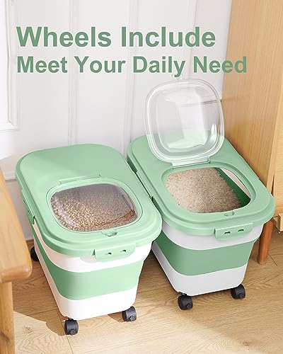 20-30 Lbs Rice Storage Container,Collapsible Food Storage Container | Flour Storage Container with Wheels Airtight Locking Lid,Cat Food Container Double Seal,Keep Fresh for Pet Food,Rice,Flour - color: Light Green/20-30LBS
