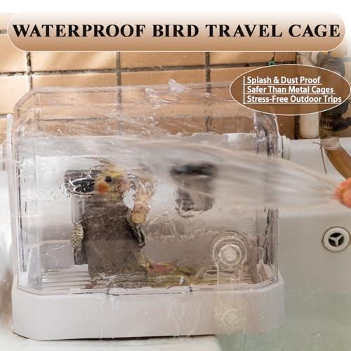Bird Travel Cage, 10×6.7×8.3 Inches Waterproof & Sturdy Pet Carrier with Perch & Food Bowls, Portable Cage for Budgies, Cockatiels, Lovebirds & Small Birds