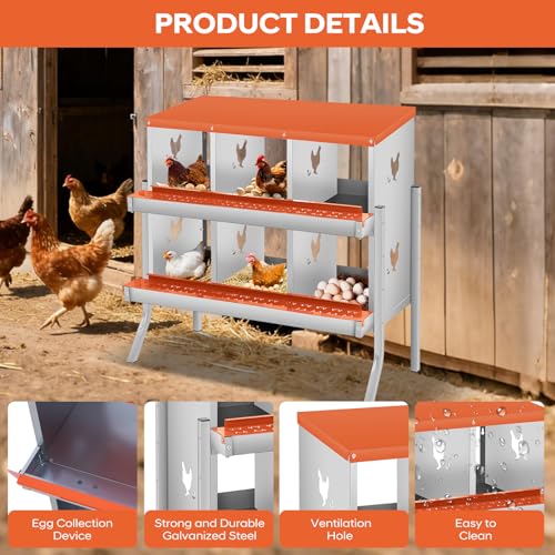 GarveeLife Chicken Nesting Box, 6 Compartments Nesting Box for Chickens, Two-Tier Galvanized Steel Chicken Egg Laying Box with Large Vented Holes Wall Mounting for Easy Egg Collection - color: Orange | 6 Compartments