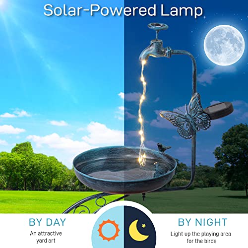 VEWOGARDEN Vintage Solar Bird Bath for Outside Garden with Planter, Outdoor Metal Standing Birdbath for Garden Yard Patio Decoration, Blue - color: Blue