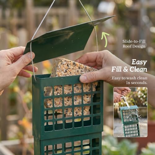 Solution4Patio Suet Bird Feeder for Outdoors, All Metal Bird Feeder for Wild Birds, Heavy Duty Galvanized Steel Hanging Feeder with Slide-Top Roof, Weather Resistant, Holds 2 Suet Cakes (Green) - color: Green