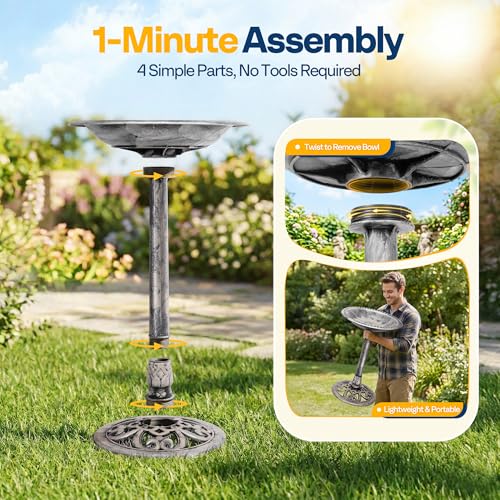 VIVOHOME Bird Bath for Outside, Polyresin Pedestal Birdbath, Gray | Weather-Resistant, 20-Inch Bowl, 28-Inch Height, for Outdoor/Garden, Bird-Friendly, Easy to Clean - color: Gray