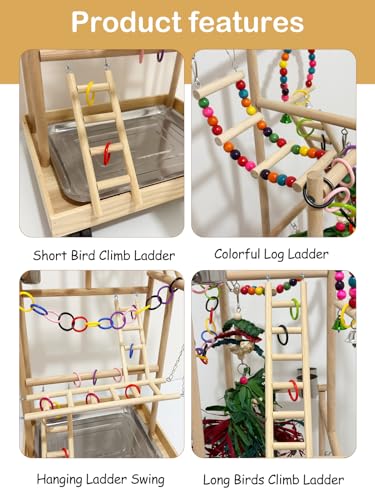 4-Tier Large Wooden Bird Playground with Wheels, Natural Wood Parrot Play Stand Birds Perch Stand Gym with Ladder Toy Accessories for Cockatiel Cockatoo Quaker