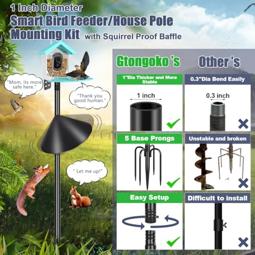 Gtongoko Smart Bird Feeder Pole Squirrel Proof 1-Inch Dia 79 Inch Bluebird House Pole for Outdoors Squirrel Baffles for Feeders Weather Station Heavy Duty Metal Mounting Kit Black - color: 79 Inch with Baffle