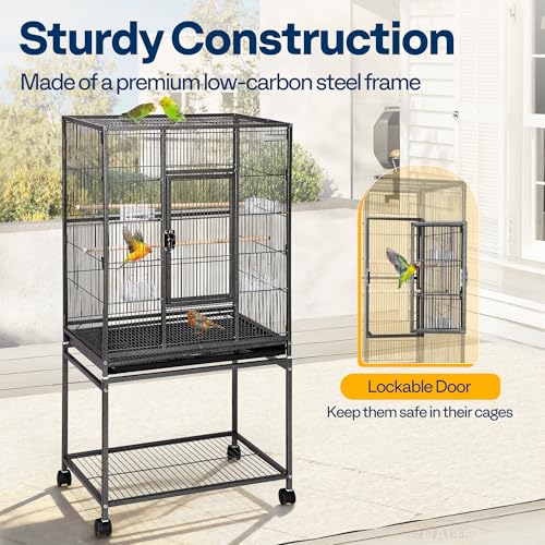 VIVOHOME 54 Inch Wrought Iron Large Bird Cage with Rolling Stand | Bird Flight Cage with Stand, Casters, Slide-out Tray for Parakeets Canaries Parrot Cockatiels Lovebirds Conures, Black - color: Black