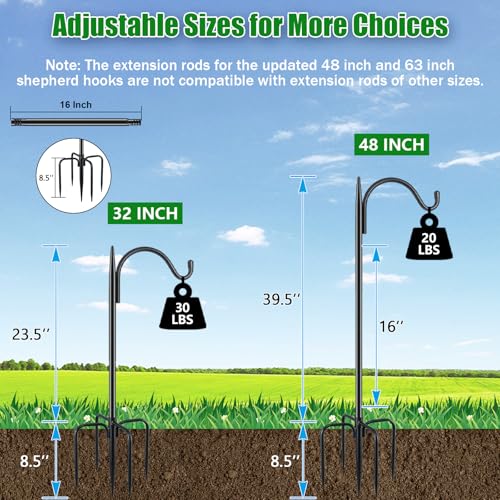 Short Shepherds Hooks for Outdoor, 48 Inch Bird Feeder Pole with 5 Prongs Base, Heavy Duty Shepherds Hook Garden Hook for Hummingbird Feeder, Hanging Lantern, Plant Baskets, 2 Pack - size: 48 Inch