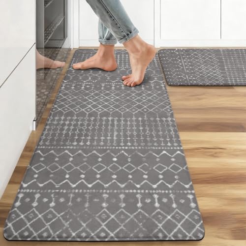 Boho Kitchen Mats for Floor, 2PCs, 17.3"x47"+17.3"x29", Dark Grey | Modern Rustic Farmhouse Decor, Non Slip Anti Fatigue Comfort Washable Waterproof Rugs for Home, Sink, Laundry - color: Dark Grey