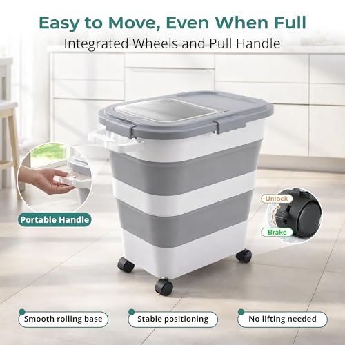 Home & Hearthly Collapsible Rice Storage Container 25–35 lbs, Airtight, Space-Saving Food Storage Bin with Wheels and Measuring Cup, Easy-Pour Grain Dispenser for Rice, Flour and Pet Food