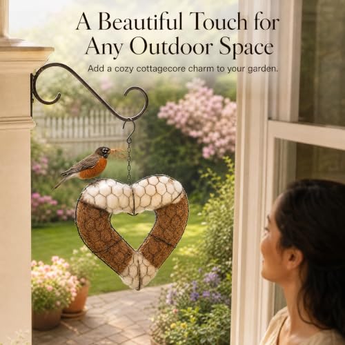 Bird Nesting Material Holder, Heart Shaped Hanging Bird Nesting Material for Wild Birds, Metal Holder with Natural Cotton & Coconut Fiber, Cottagecore Garden Decor for Bluebirds Chickadees Finches - style: Heart Style