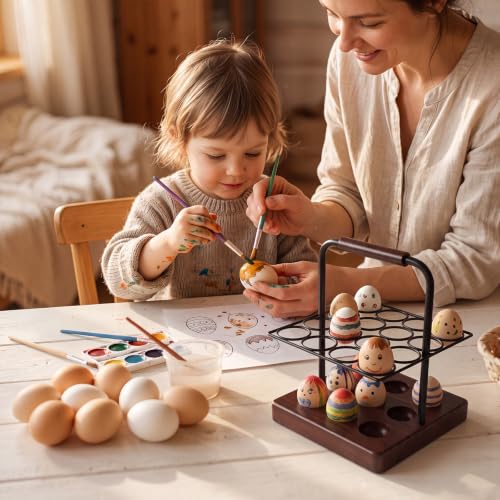 Farmhouse Wooden Egg Holder Countertop, 2-Tier Walnut Wood & Metal Egg Rack with Handles for 25 Fresh Eggs, Rustic Egg Tray Organizer for Kitchen Counter, Holds Eggs Farm Fresh Storage