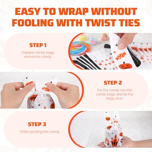 100PCS Halloween Treat Bags with Bunny Ear Ties, Ghost Castle Designs | Thick plastic goodie bags, 2 Halloween designs, ideal for candy, party favors, classroom exchanges and trick-or-treat - color: White & Black