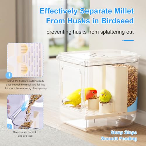 Automatic No Mess Bird Feeder for Cage 2-in-1 Transparent Parrot Seed Food Container & Bird Bath Box with 27oz Capacity Spill-Proof Bird Accessories for Lovebirds Cockatiels Canaries (Shower)