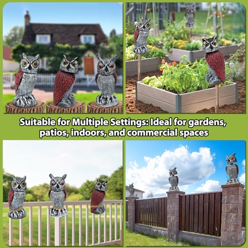 3-Pack Fake Owl Decoys to Scare Birds Away, Rotating Head Plastic Owl Bird Deterrents, Nature Enemy Scarecrow Plastic Statues, Pest Repellent for Gardens and Patios