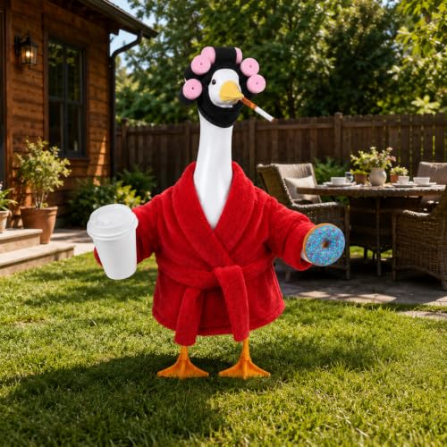 Old Lady Porch Goose Outfits 23 in Bathrobe Lawn Goose Costume Set Red | 23 Inch, for Porch Goose Cement or Plastic Statue, with Curlers Hat Coffee Cup Donut, Lawn Yard Garden Patio Decor - style: Bathrobe Red