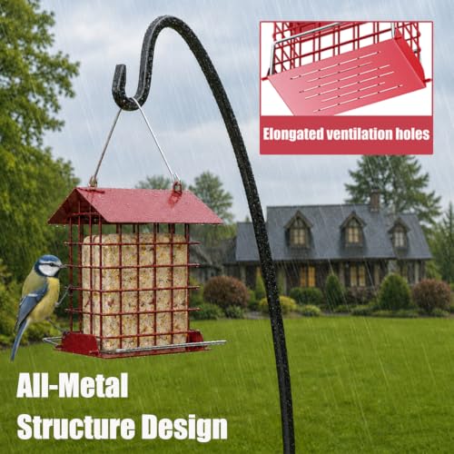 HOSUN Metal Suet Bird Feeder, Hanging Outdoor Wild Bird Cage, Red | All Metal Suet Cage, Weather-Resistant Roof, Easy Refill Top, Bottom Perch, Ventilated Base, Year Round Bird Feeding