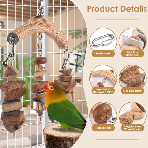 DBNESS Bird Parrot Toys, Hanging Medium Large Birds Wooden Chew Blocks with Stainless Steel Natural Chewing Cage Bite Toy for Juvenile Macaws African Greys Cokatoos Amazon Parrots - style: Triple String