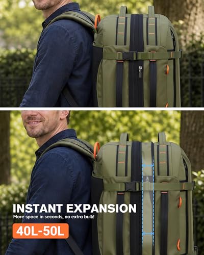 Tolaccea Travel Backpack 40-50L, 16" Laptop Carry On Duffle for Travel Work | 40-50L Expandable, TSA Approved 180° Open, 3L Wet-Dry Pocket, RPET Fabric, 3-in-1 Convertible Carrying, Detachable Waist Belt - color: Army Green