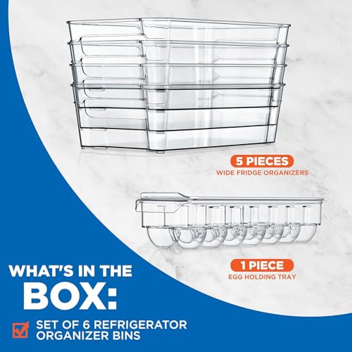 NutriChef Refrigerator Organizer Bins 6-Piece - Plastic Storage Bins with Egg Holder - For Fridge, Freezer, Kitchen, Cabinet, Countertops, Pantry - Stackable Food & Drink Containers, 14.5"x7" - Clear - style: 6-Piece