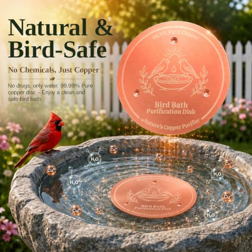 Copper Disc for Bird Bath, 99.9% Pure Copper (Two Birds) | 3‑Point Stable Base, Fits Bird Baths & Bowls, Reduces Mineral Buildup, Gift for Bird Lovers, Outdoor Garden Use - color: Copper Two Birds